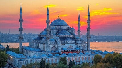Obraz premium Istanbul Mosque at Sunset: Vibrant Sky over Historic Architecture