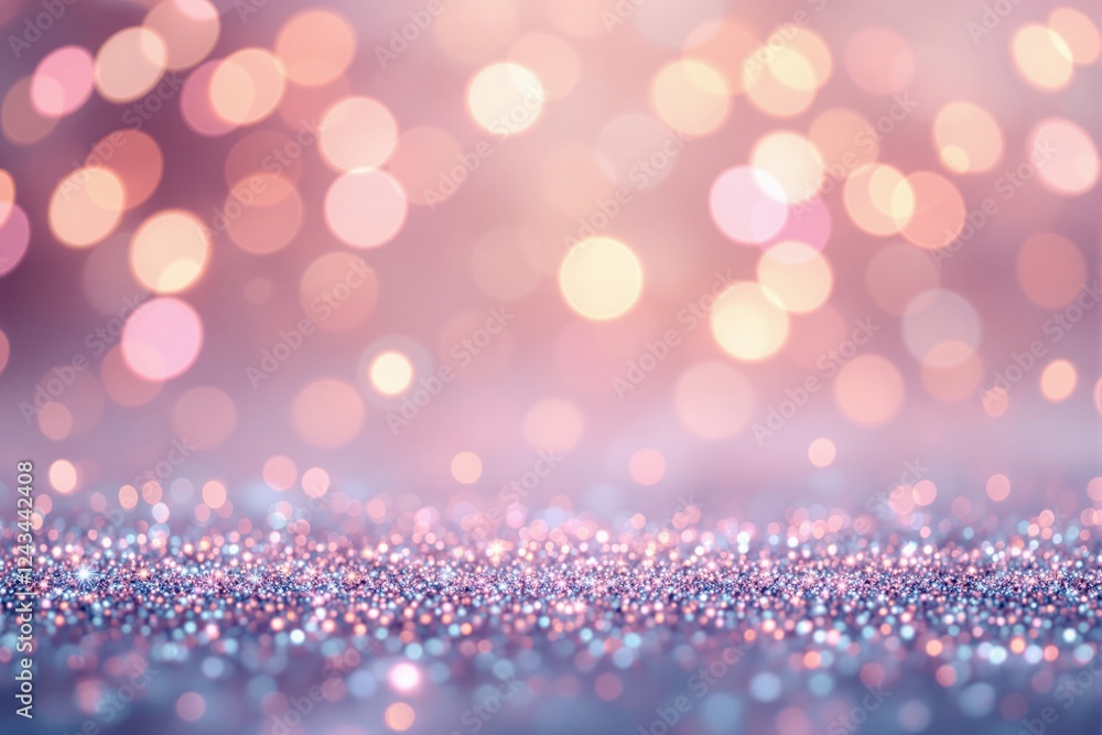 Poster glittering particles in focus with soft pink and golden bokeh lights in the background. elegant and 