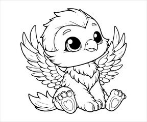 Black and White Cartoon Illustration of Cute Little Angel Animal Character Coloring Book