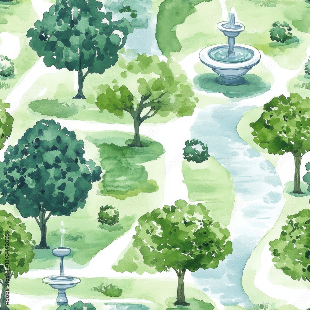 Aufkleber calming doodle cartoon drawing of a serene park with winding paths and fountains surrounded by lush 