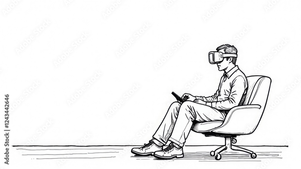 Poster a man is playing a vr game in a room with a free space for text on the side.