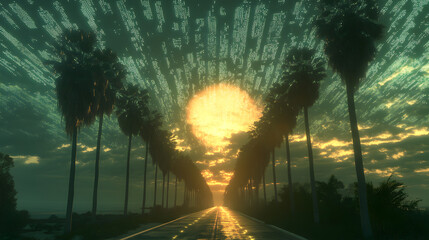 lined with glowing palm trees, leading towards a digital sun with a glitch effect in the sky 