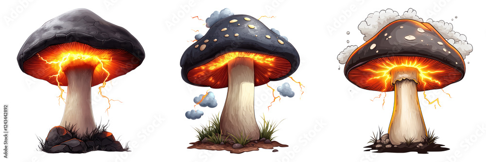 Poster glowing mushroom with slate cap, surrounded by floating clouds and lightning