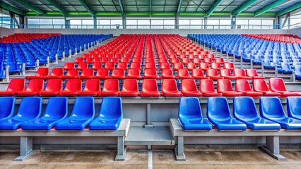 Fototapeta premium Bench in football stadium with red and blue seats, empty and sleek