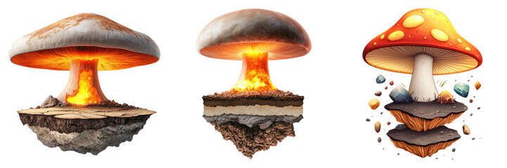Mushrooms with glowing caps and vibrant colors, surrounded by earth and rocks, create magical atmosphere