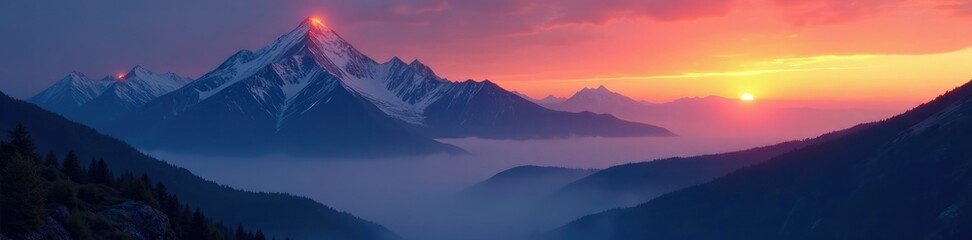 Obraz premium Glowing embers illuminate misty mountain peaks at dawn, Landscape, Dawn, Embers