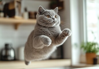 Playful gray cat leaping gracefully in a bright kitchen setting, capturing the joy and energy of pet movement, showcasing feline agility and charm