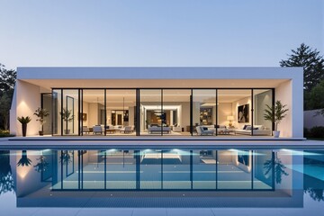 Fototapeta premium Contemporary luxury house with glass walls, stylish interior, and outdoor pool reflecting architecture at dusk. Minimalist design with warm lighting. Ai generative