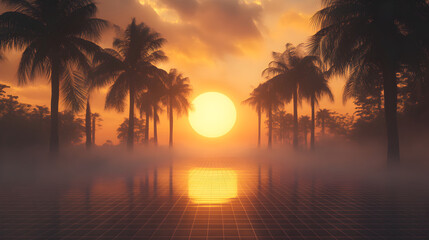vaporwave landscape featuring a floating grid floor, palm trees, and a rising sun with a pixelated glow 