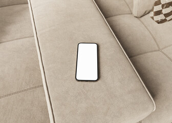Phone copy space mock up with blank screen on living room, wood styled interior design aesthetic for blog, web, social media template