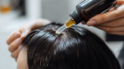 Fototapeta premium A beautician applying hair growth serum to a client's scalp for a healthy hair treatment.