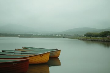 Obraz premium Misty Morning View of Rowboats Floating on Calm Waters