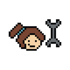 Fototapeta premium Cartoon cute pixel 8bit character engineer woman fix problem improvement for decoration 8 bit female girl engineer solve problem character game vector.