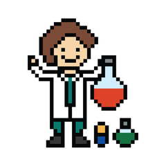Obraz premium Cute pixel cartoon 8bit character man doctor medicine care pill treat game care decoration pharmacist male doctor medicine hospital 8 bit male pixel art game png vector.
