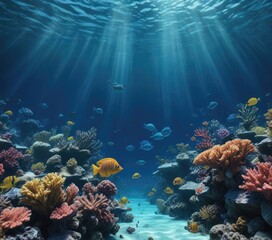 Obraz premium Underwater scene of fish and coral in blue striped water, seaweed, aquatic