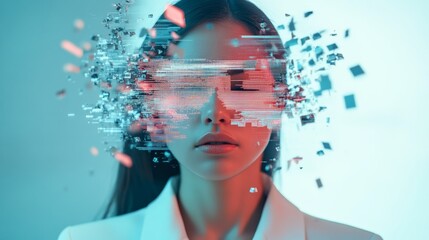 Businesswoman with exploding head effect caused by information overload, representing stress, burnout, and mental health challenges in demanding work environments
