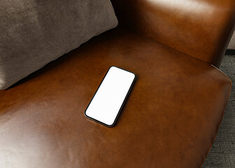Phone copy space mock up with blank screen on living room, wood styled interior design aesthetic for blog, web, social media template