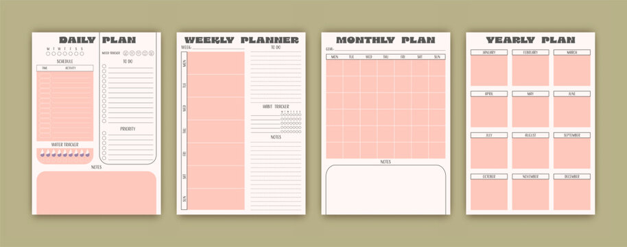 Minimalistic planner templates. Pages for daily, weekly, monthly, and yearly organization. Vector diary.