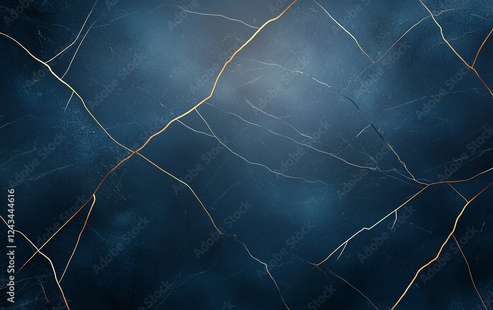 Poster this abstract texture features a deep blue background with intricate golden veins, ideal for creatin