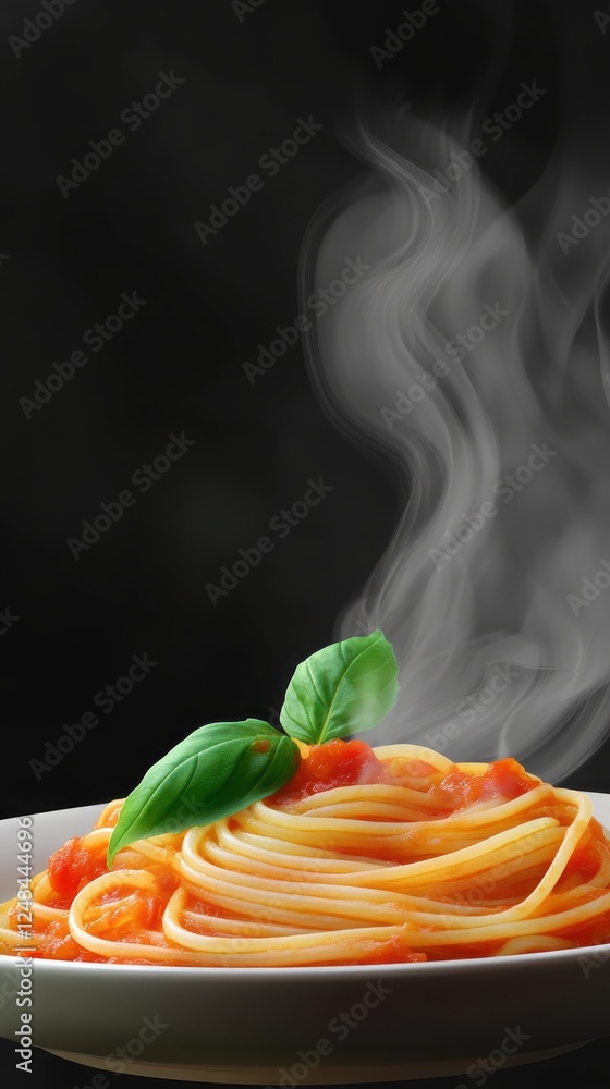 Poster steaming plate of pasta topped with fresh basil showcasing delicious textures in a dark setting