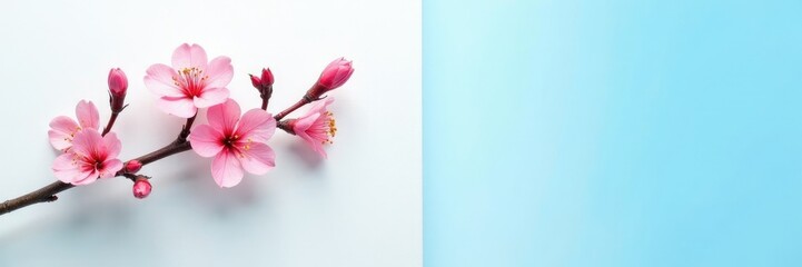 Obraz premium Serene floral branch against a bright blue sky on a clean white wall, gentle, branches, botanical