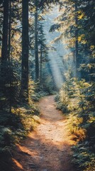 Obraz premium Narrow hiking trail illuminated by sunlight through forest trees in early morning