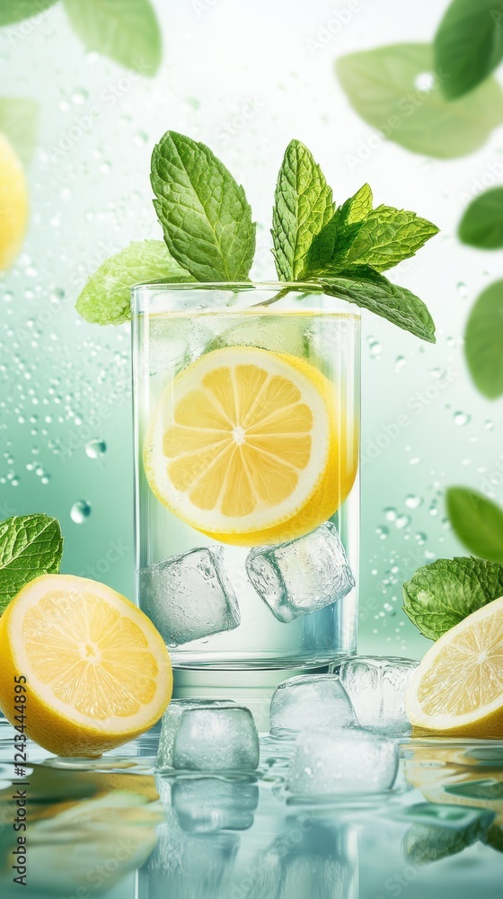 Poster refreshing glass of lemonade with mint and ice on a vibrant summer background