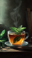 Steaming cup of herbal tea with fresh mint leaves placed on a wooden table by a window