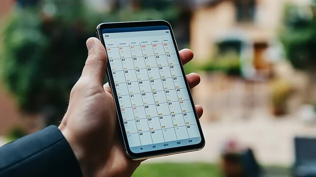 Hand Holding Smartphone Displaying a Detailed Monthly Calendar