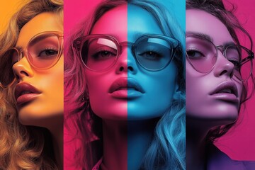 Graphic layouts showcasing stylish eyewear with vibrant color contrasts and trendy designs