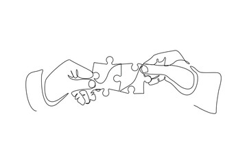 Continuous single line hand holding jigsaw puzzle business teamwork problem solving sketch drawing one line vector illustration