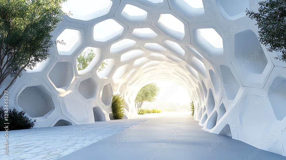 Poster futuristic tunnel with hexagonal architecture and natural light
