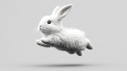 A dynamic 3D white bunny mid-jump, with its ears flapping and fur visibly textured, isolated on a white background for cutout use, Generated AI