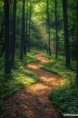 Fototapeta premium Sunlit Forest Path Winding Through Lush Green Trees