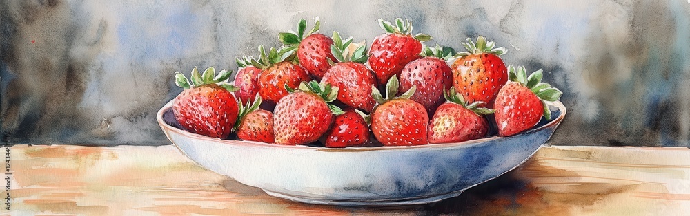 Poster Fresh strawberries overflow in a rustic bowl against a soft watercolor background