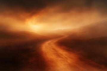 Serene Pathway Through Misty Mountains Under Dramatic Skies at Dawn