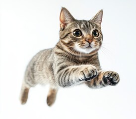 Obraz premium Playful tabby cat leaping in mid-air with an expression of curiosity and excitement against a clean white background