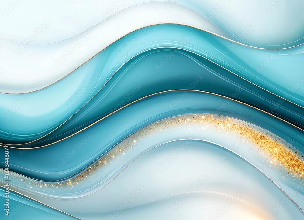 Poster this vibrant abstract design features flowing waves in blue and white, accented with golden highligh