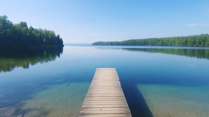 Fototapeta premium Calm lake dock, serene forest background, summer peace
