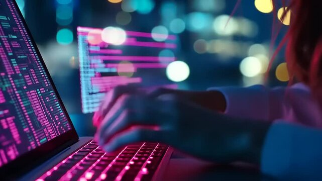 Woman coding late at night, illuminated by city lights, laptop screen displaying pink code.