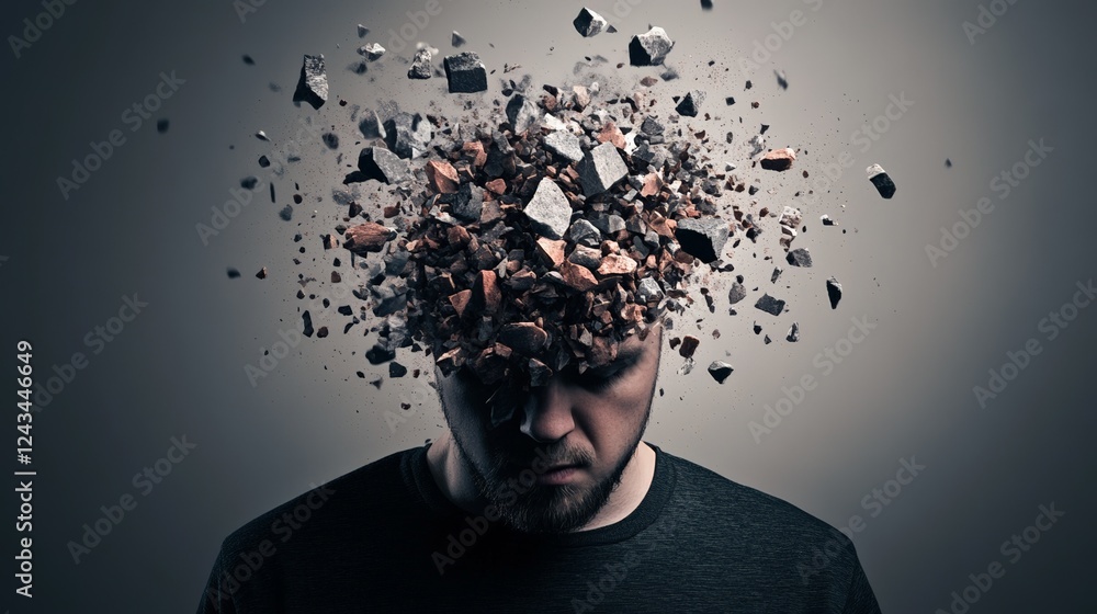 Aufkleber man experiencing a mental breakdown, with his head exploding into fragments, vividly illustrating th