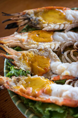 Jumbo sized freshwater river prawns in Ayutthaya. Thai language called Koong Pao. Beautiful color prawn