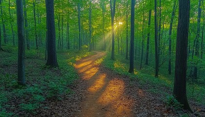 Obraz premium Sunlit Path Through Lush Green Forest