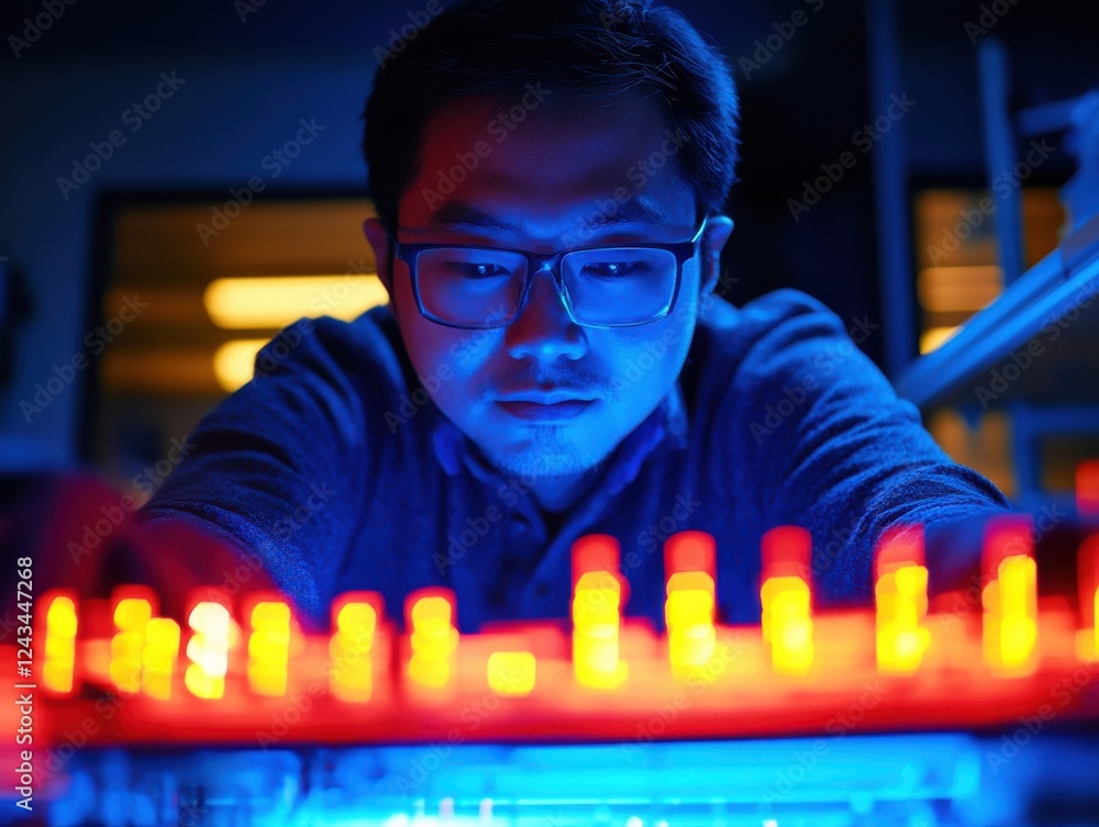 Aufkleber scientist interacts with glowing equipment in high-tech laboratory during evening research session