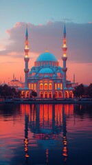 Fototapeta premium Illuminated Mosque at Sunset with Water Reflection