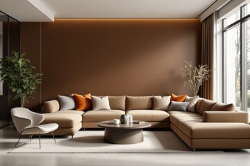 Fototapeta premium Elegant living room with a beige sectional sofa, armchair, round coffee table, and warm decor accents on a cozy background. Concept of home comfort. Ai generative