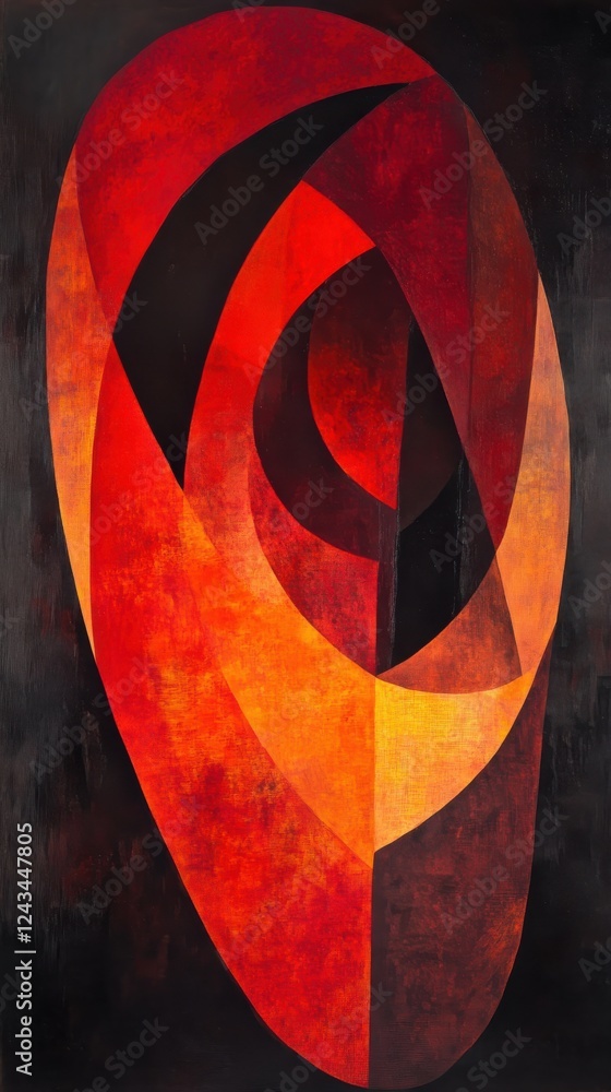 Poster overlapping shapes in fiery red and deep black create a dynamic and bold abstract composition