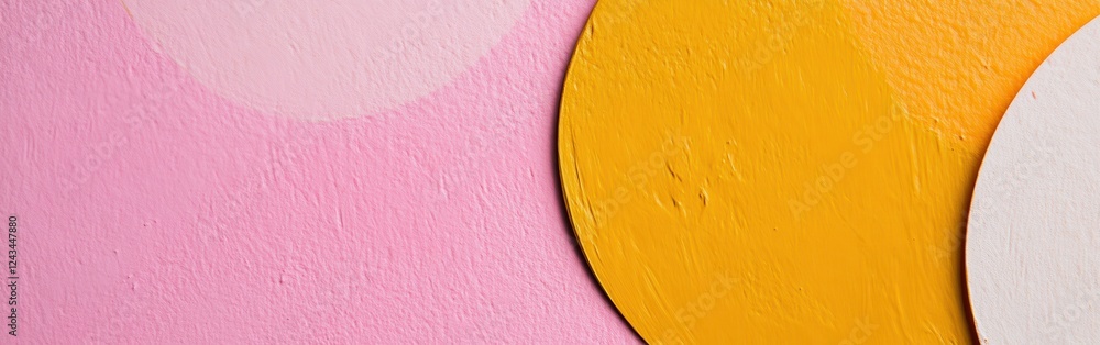Poster bold negative space composition featuring yellow and pink shapes on textured background