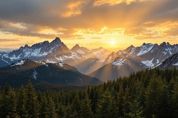 Stunning mountain landscape with snow-capped peaks, lush green forest, and golden sun rays breaking through clouds at sunset. Nature beauty concept. Ai generative