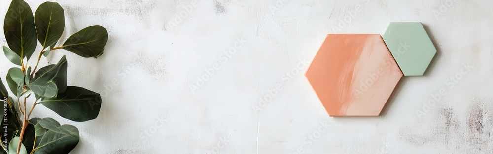 Aufkleber Minimalist white canvas showcasing a single geometric design element and green foliage in a serene setting